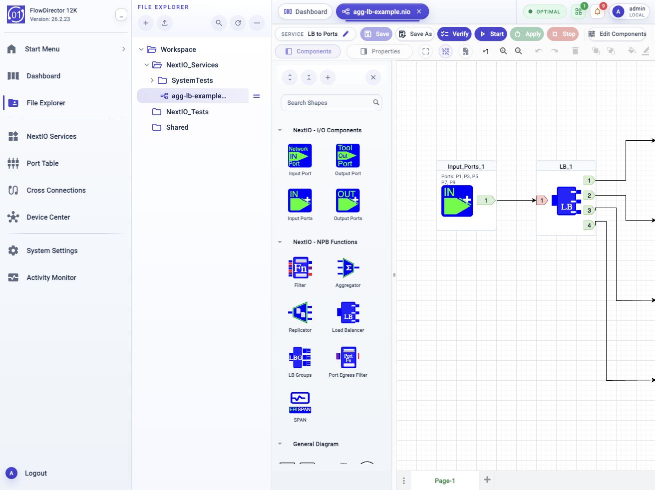 NextIO Diagram Editor open on agg-lb-example.nio, showing the File Explorer entry, service toolbar, component palette, and diagram canvas.